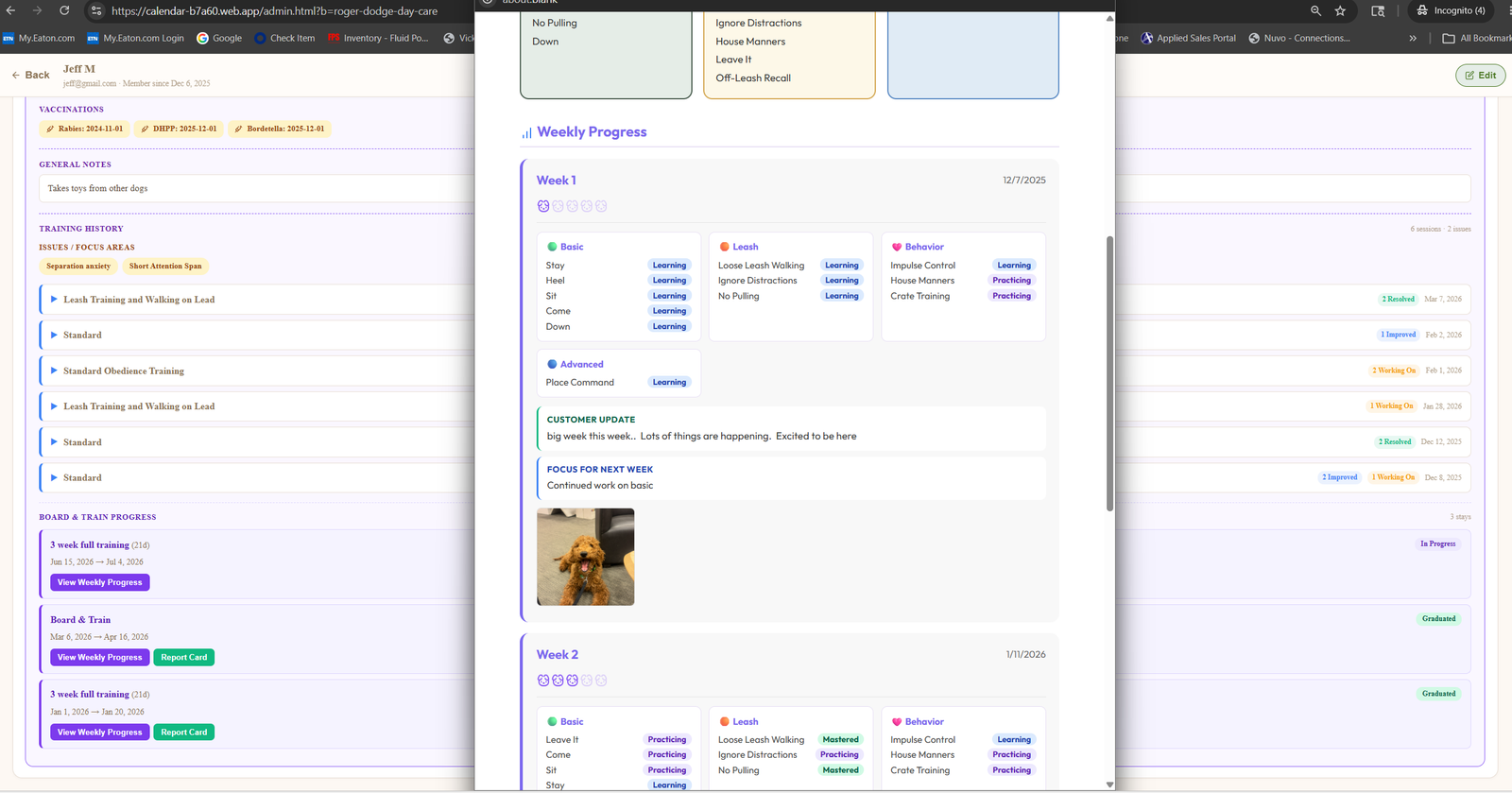 Weekly Progress section of the Graduation Report Card showing Week 1 with skills laid out by Basic, Leash, Behavior and Advanced categories with their final rating, the customer-facing update note, the focus area for the next week, and a photo from the week